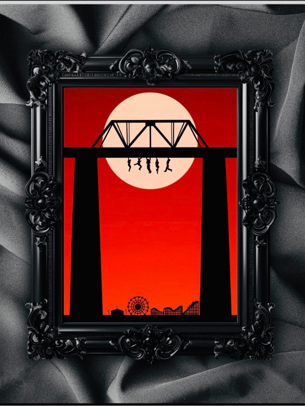 Lost Boys-inspired artwork features silhouetted figures hanging beneath a bridge